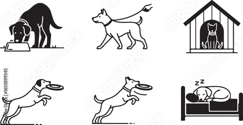 Vector art of collection of six simple line art icons depicting a dogs daily activities eating, walking on a leash, resting in a kennel, playing frisbee, and sleeping on a bed