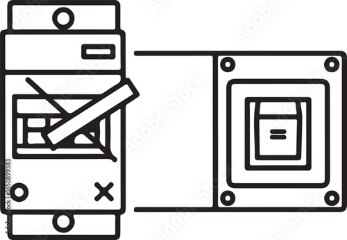 Vector art of line illustration of an electrical circuit breaker with a toggle switch, isolated on a white background