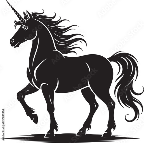 Majestic black unicorn silhouette prancing elegantly