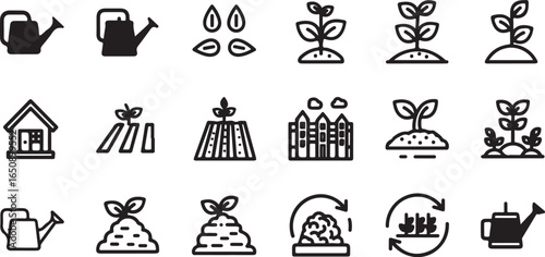 Vector art of collection of gardening and farming icons, including watering cans, plants at different growth stages, seeds, a house, a field, a fence, and a compost cycle, isolated on white background