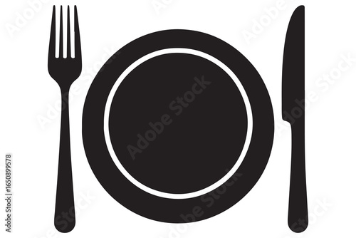 Knife fork and plate silhouette vector icon illustration isolated on white background
