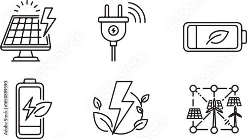 Vector art of collection of icons representing renewable energy sources and storage, including solar panels, batteries, and electrical plugs, isolated on white background