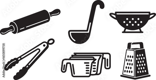 Vector art of collection of kitchen utensils and cooking tools including a rolling pin, tongs, ladle, measuring cups, grater, and colander, isolated on white background