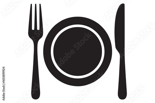 Knife fork and plate silhouette vector icon illustration isolated on white background
