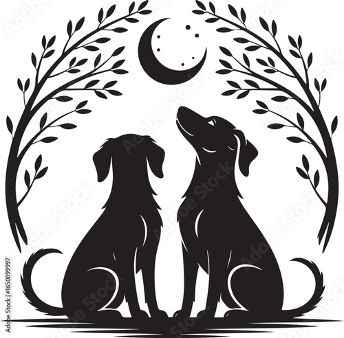 Two dogs gaze at moon under starry night sky
