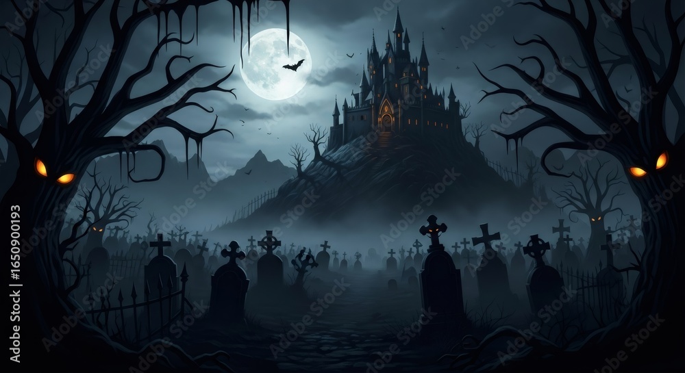 Fototapeta premium Spooky haunted castle and graveyard with full moon. Scary Halloween background for spooky event or gothic autumn party.