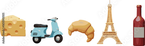 French culture icons illustration, cheese, vintage scooter, croissant, Eiffel Tower, red wine bottle, French lifestyle, travel, food, landmarks