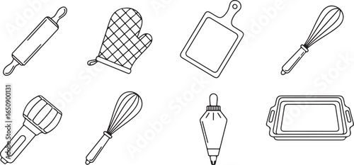 Vector art of collection of baking and kitchen utensils, including a rolling pin, oven mitt, cutting board, whisk, masher, icing bag, and baking tray, isolated on white background