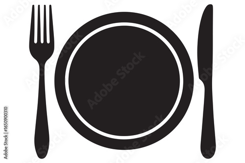 Knife fork and plate silhouette vector icon illustration isolated on white background
