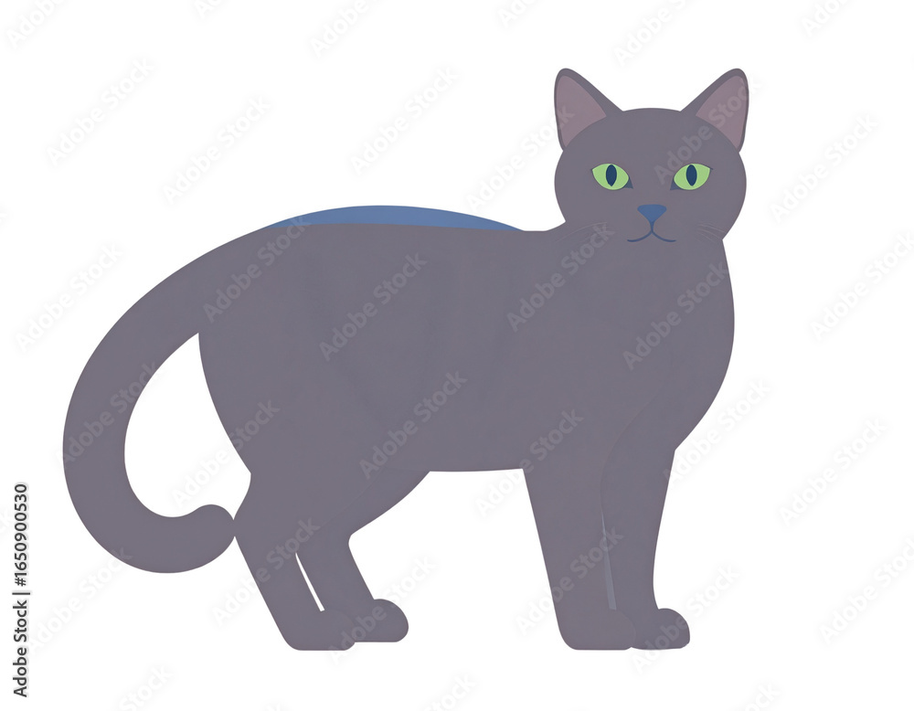 Stylized grey cat with bright green eyes and a unique blue stripe on its back standing in profile. Stylized grey cat with bright green eyes and a unique blue stripe on its back standing in profile.