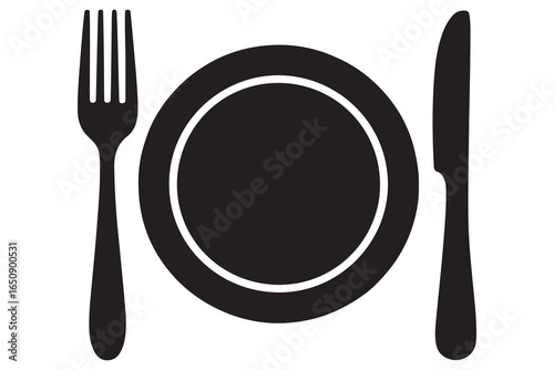 Knife fork and plate silhouette vector icon illustration isolated on white background
