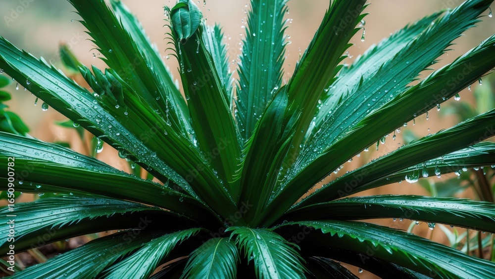 Fototapeta premium Close-up of a green plant with water droplets on its long, pointed leaves.