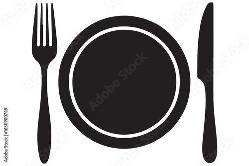 Knife fork and plate silhouette vector icon illustration isolated on white background
