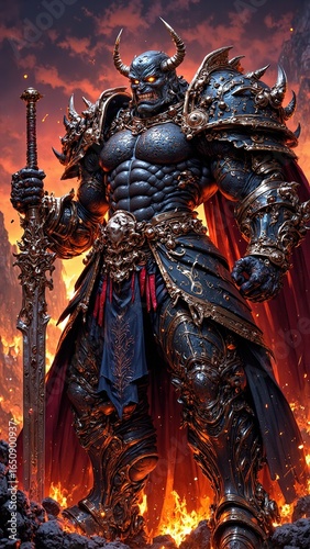 Wallpaper Mural Dark Fantasy Warrior in Ornate Armor with Fiery Background Torontodigital.ca