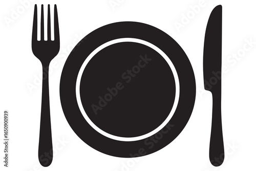 Knife fork and plate silhouette vector icon illustration isolated on white background
