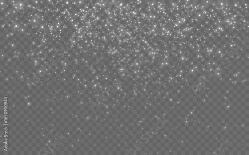Glitter sparkle background with silver light particles. Christmas magic rain effect for holiday or celebration design. White falling confetti. Bright festive shimmer. Vector illustration.