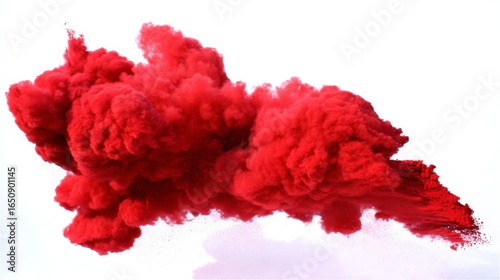A vivid red cloud of smoke with wispy tendrils and dynamic movement, symbolizing energy or impact,