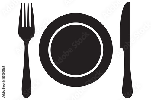 Knife fork and plate silhouette vector icon illustration isolated on white background
