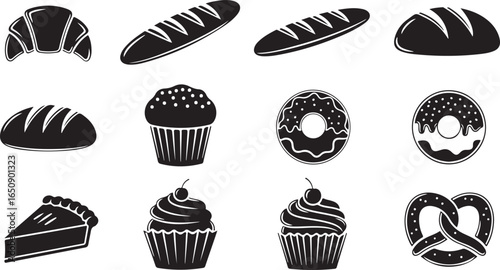 Vector art of collection of black and white bakery icons including croissants, bread loaves, cupcakes, donuts, a slice of cake, and a pretzel, all isolated on a white background