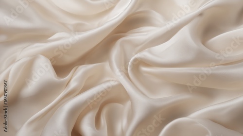 A luxurious satin fabric with a smooth glossy surface and rich folds in warm beige tones,