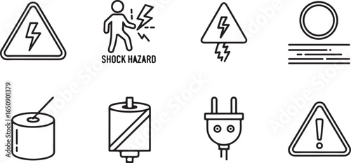 Vector art of collection of electrical hazard and safety warning symbols and icons, including danger signs, battery, and plug, isolated on white background