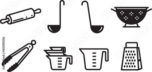Vector art of collection of essential kitchen utensils and tools for cooking and baking, including a rolling pin, ladles, colander, tongs, measuring cups, and grater, isolated on white background