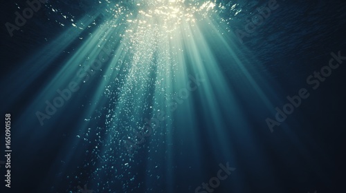 Underwater scene with sunlight rays filtering through deep blue water,