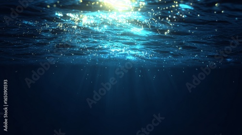 A tranquil underwater scene with clear blue water, vibrant coral reefs,