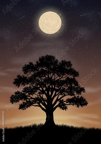 Solitary Tree Under Full Moon Night Sky.