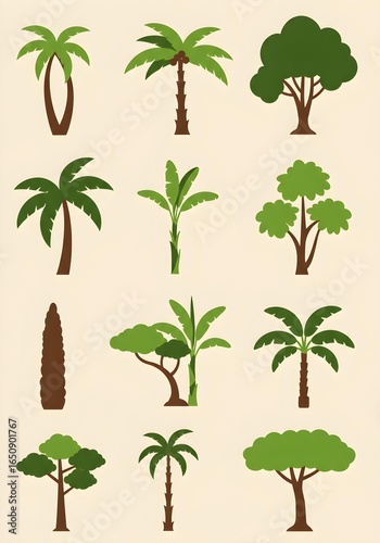 Tropical Temperate Tree Icons Set.