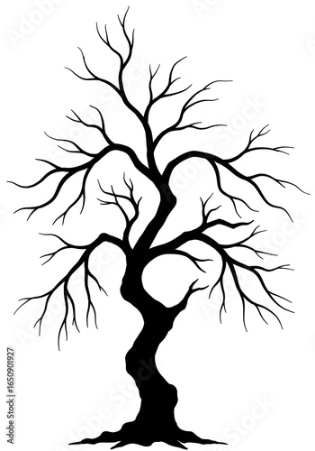 Bare Tree Silhouette Winter Branches Black and White Illustration.