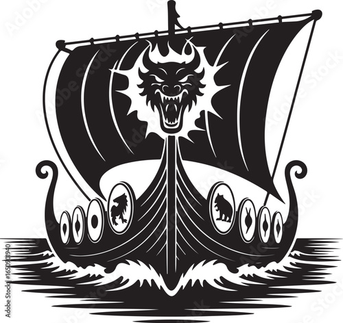 Dragon Viking ship sails stormy seas with powerful prow