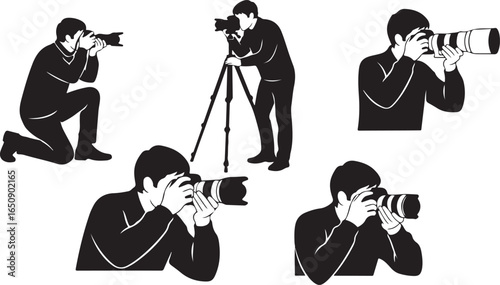 Vector art of collection of five silhouette illustrations of photographers in various poses, capturing moments with their cameras, isolated on a white background