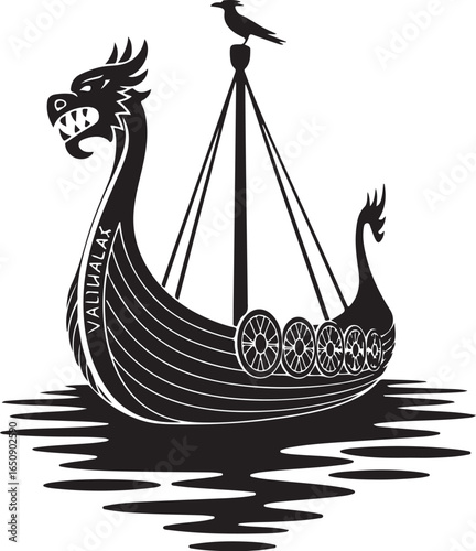 Intimidating Viking longship with dragon prow and raven