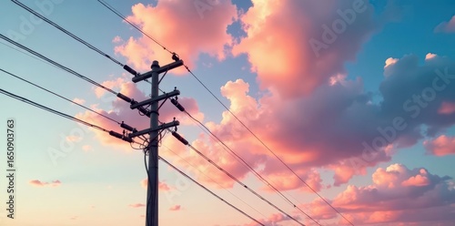 Tall utility pole with numerous electrical wires extending outwards , rural, outdoor