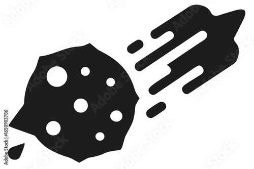 Dark gray icon of a comet with a textured surface and trailing motion asteroid space