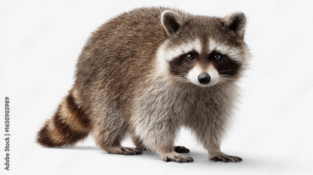 Obraz premium A full-body shot of a raccoon against a white background, exhibiting its characteristic grey and brown fur, a bushy tail, and dark mask-like facial markings. It's looking directly at the camera