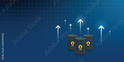 Growth arrow oil price graph of energy market business on gasoline petroleum global industrial background with fuel tank barrel