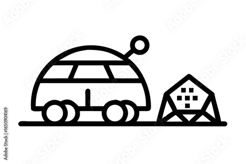 Outline drawing of a rover and a geometric alien structure on a surface mars space
