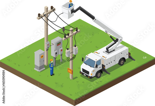 Isometric electrical utility workers repairing power lines with bucket truck on grassy land, electric power maintenance, energy service illustration
