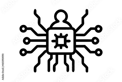 Outline icon of a human head with a central processor and radiating circuit lines technology