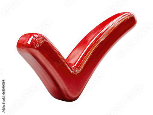 3D Red Check Mark Symbol Glossy Shiny Icon Isolated on White Background