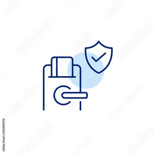 Digital door lock, shield and checkmark. Certified lock system, safe keyless entry, authenticated device usage. Pixel perfect, editable stroke vector icon