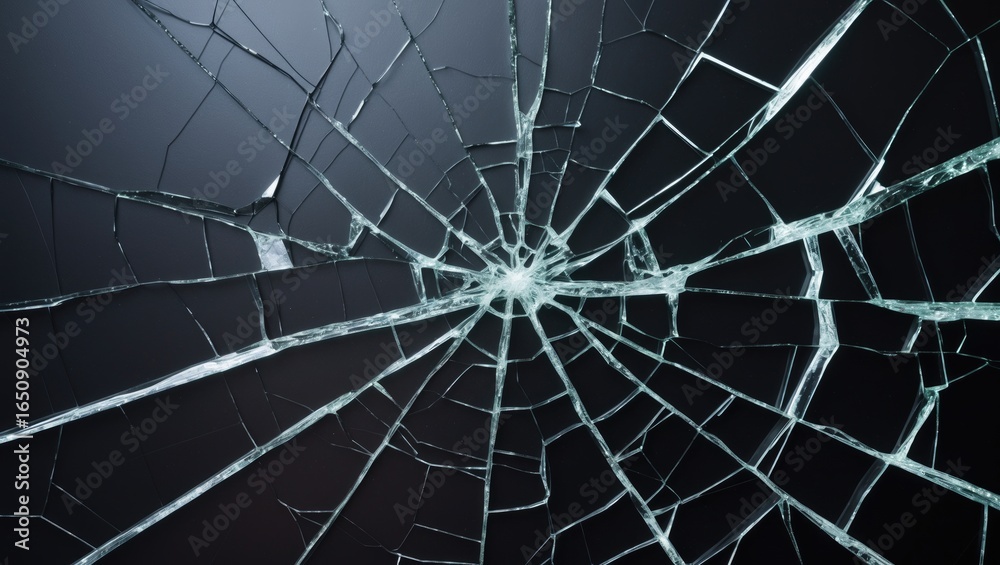 Obraz premium Cracked glass with a web-like pattern and a dark background.