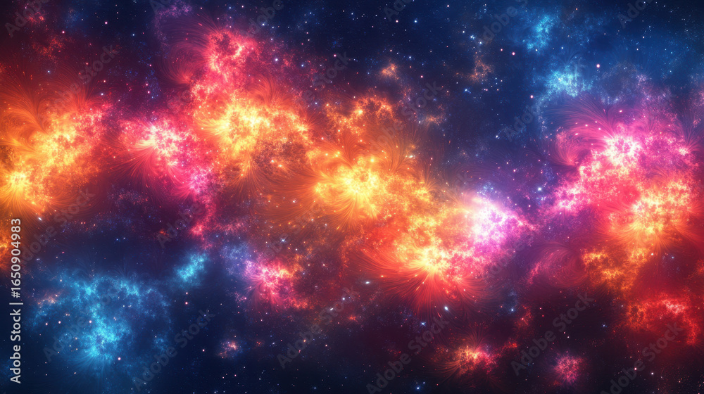 Obraz premium Vibrant cosmic scene showcases colorful nebula with bright orange, pink, and blue hues, set against starry background. image evokes sense of wonder and vastness of space