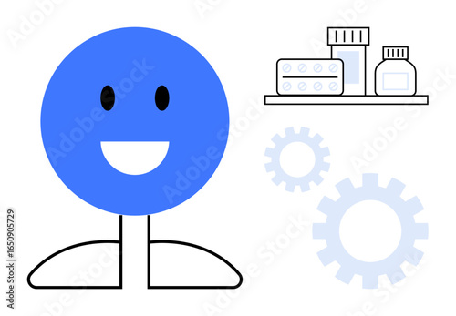 Smiling blue figure beside a shelf with medicine bottles and pills, paired with cogwheels. Ideal for health, pharmacy, medication, productivity, wellness, self-care health innovation themes. Simple