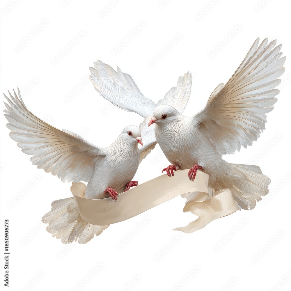 Obraz premium Two white doves in flight, wings outstretched, with a beige ribbon banner. A romantic image