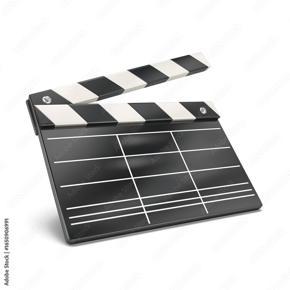 Fototapeta premium Movie Clapperboard: This close-up shot showcases a classic movie clapperboard, ready to signal the start of a film production. The iconic design is set against a clean backdrop, symbolizing cinema.
