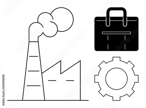 Factory with smoke stack, gear mechanism, and business briefcase signify industry, productivity, and economic activity. Ideal for technology, manufacturing, business, commerce engineering