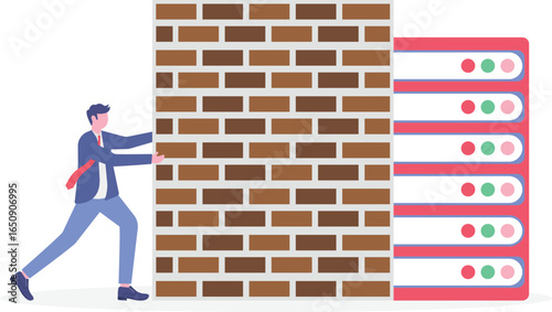 Flat illustration of three people building fortress wall from data blocks around server to prevent cyberattacks with encryption layers
